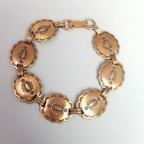 Vintage Copper Medallion Link Panel Bracelet, Hammered Stamp Design, 7 Inches - Picture 3 of 8